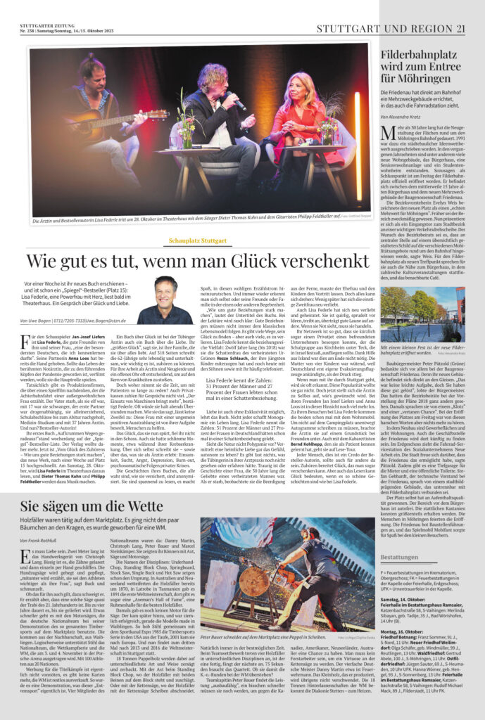 Druck des Interviews von Lisa Federle in der Stuttgarter Zeitung vom 14.10.2023 mit Uwe Bogen